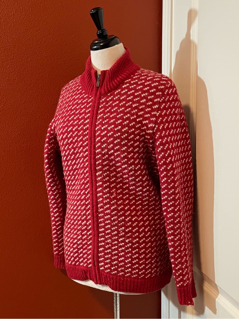 Vintage LL Bean Women’s Norwegian Cherry Red Snowflake Full Zip Wool Sweater